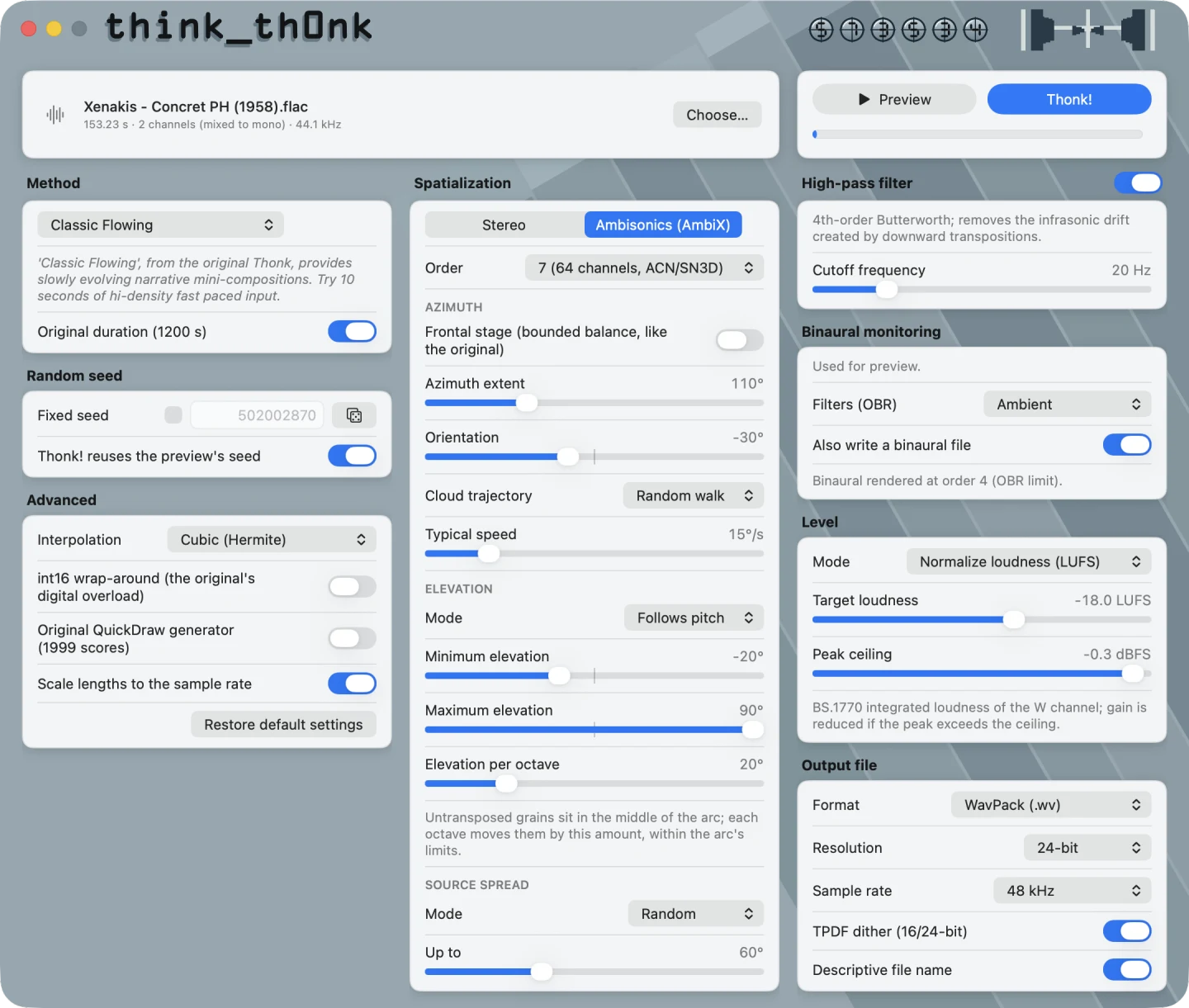 The think_thOnk window: score on the left, spatialization in the middle, output on the right.